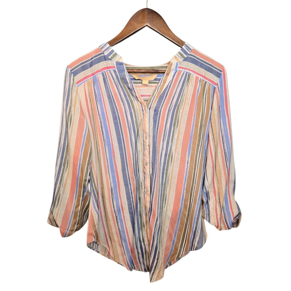 Hope &‎ Harlow Striped Blouse Roll Tab Sleeve V Neck Casual Boho Summer Top S